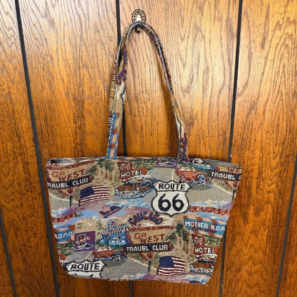 Vintage Route 66 Tapestry Tote Bag Womens OS Multi Americana Grandma Western 90s